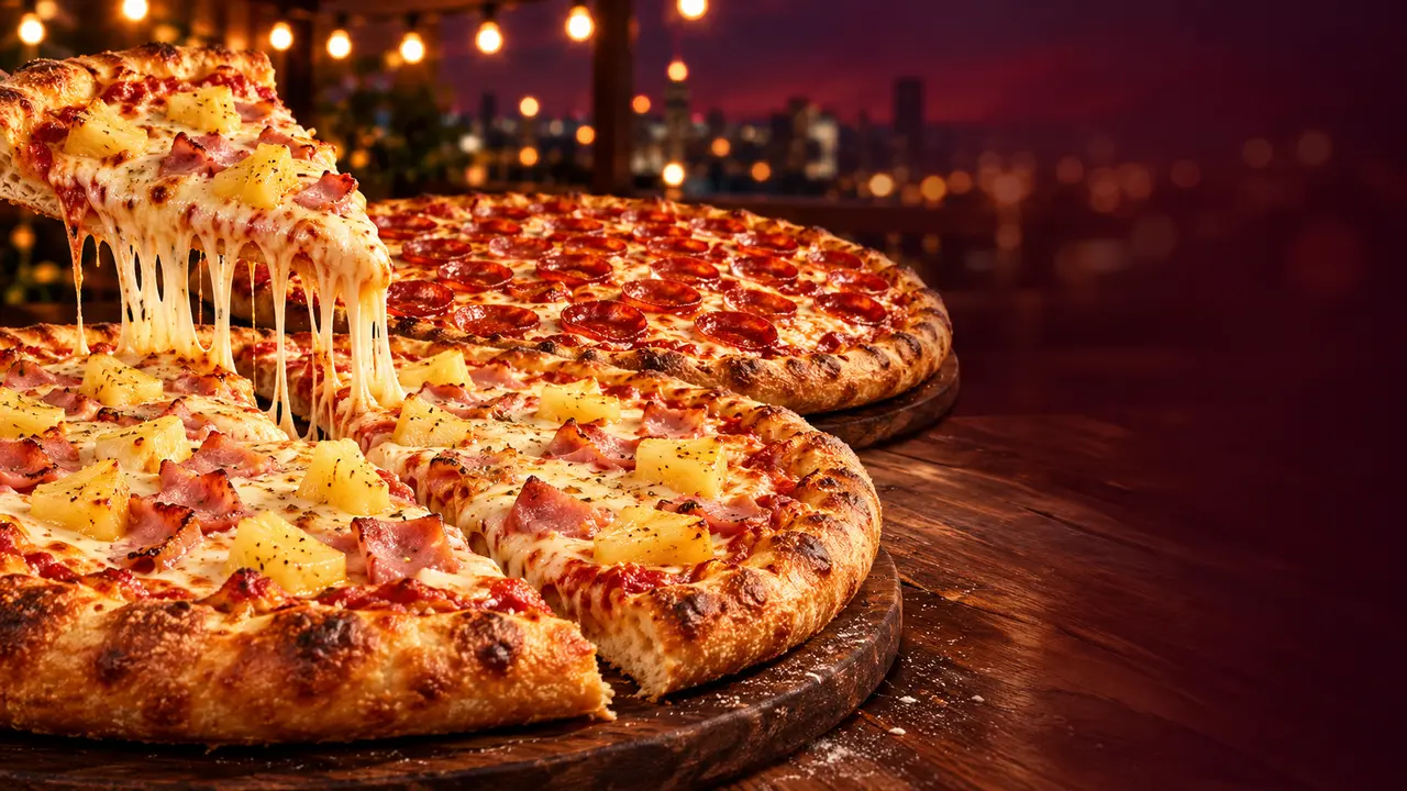 A Hawaiian pizza slice rises on long strands of melted mozzarella beside a family-size pepperoni pizza, under golden evening lights